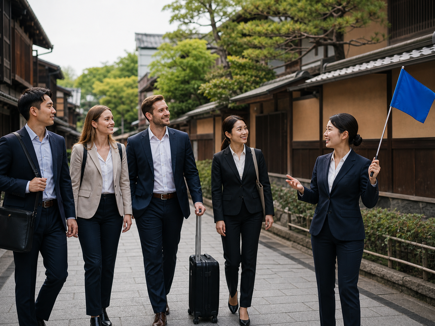 日本の街並みを案内するガイドと法人旅行の参加者